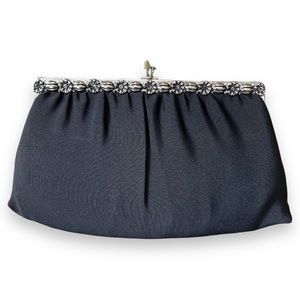 Vintage Ande Black Clutch Evening Bag Kiss Closure Silver Tone Frame and Strap